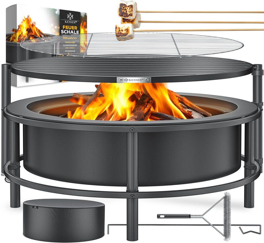 Feuerschale mit Grillrost Ø65 cm aus Stahl mit Rollen Funkenschutz Grillrost Ø52 cm und Feuerhaken 60 cm