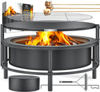 Feuerschale mit Grillrost Ø65 cm aus Stahl mit Rollen Funkenschutz Grillrost Ø52 cm und Feuerhaken 60 cm