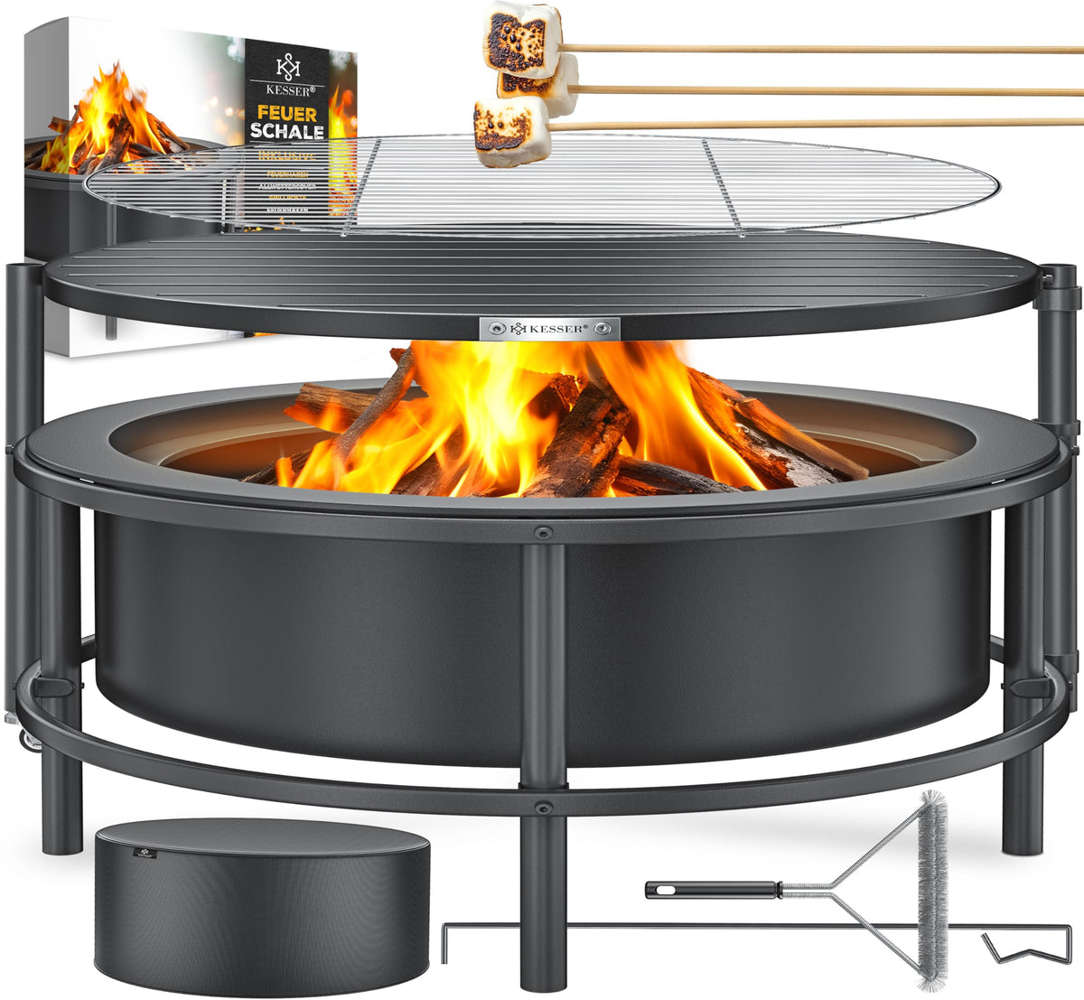 Feuerschale mit Grillrost Ø65 cm aus Stahl mit Rollen Funkenschutz Grillrost Ø52 cm und Feuerhaken 60 cm