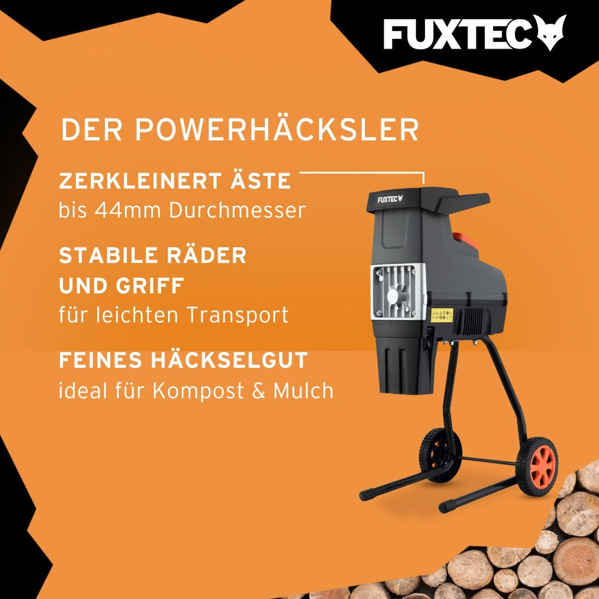 Elektro Gartenhäcksler FX-EGH2800T mit 2800 W und Walzenhäcksler für Äste bis 44 mm, 60 L Fangsack sowie 92 dB(A) Betrieb