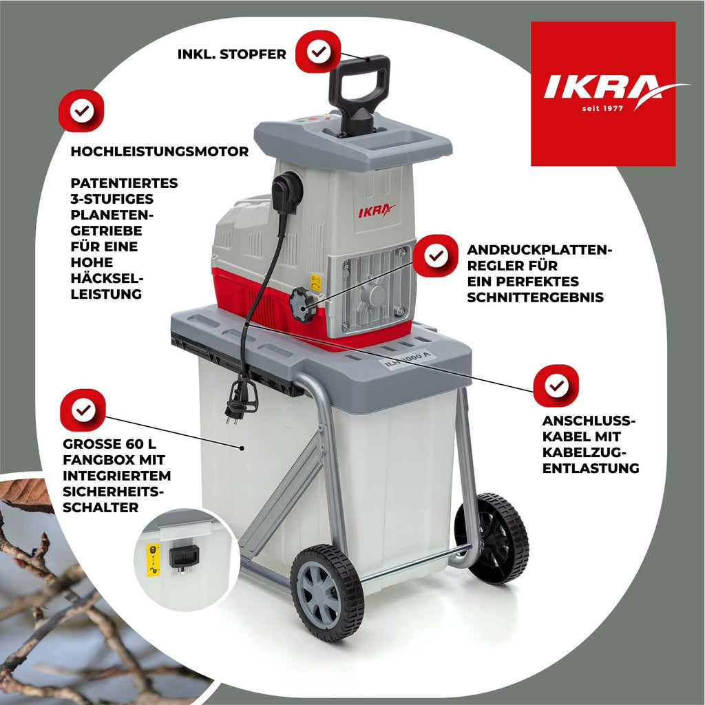 Elektro-Gartenhäcksler ILH 3000A mit 3000 Watt, Walzensystem für Äste bis 44 mm, 60-Liter-Fangbox sowie Gartenschere und Schutzbrille