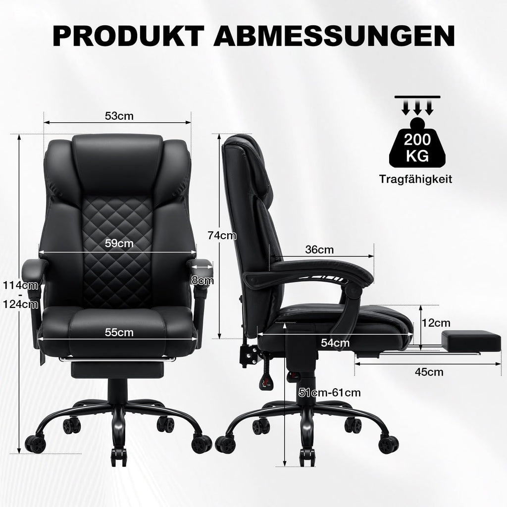 Ergonomischer Bürostuhl mit Massage- und Heizfunktion, schwarzer Chefsessel bis 200 kg mit Fußstütze und 135° neigbarer Rückenlehne