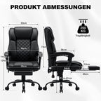Ergonomischer Bürostuhl mit Massage- und Heizfunktion, schwarzer Chefsessel bis 200 kg mit Fußstütze und 135° neigbarer Rückenlehne