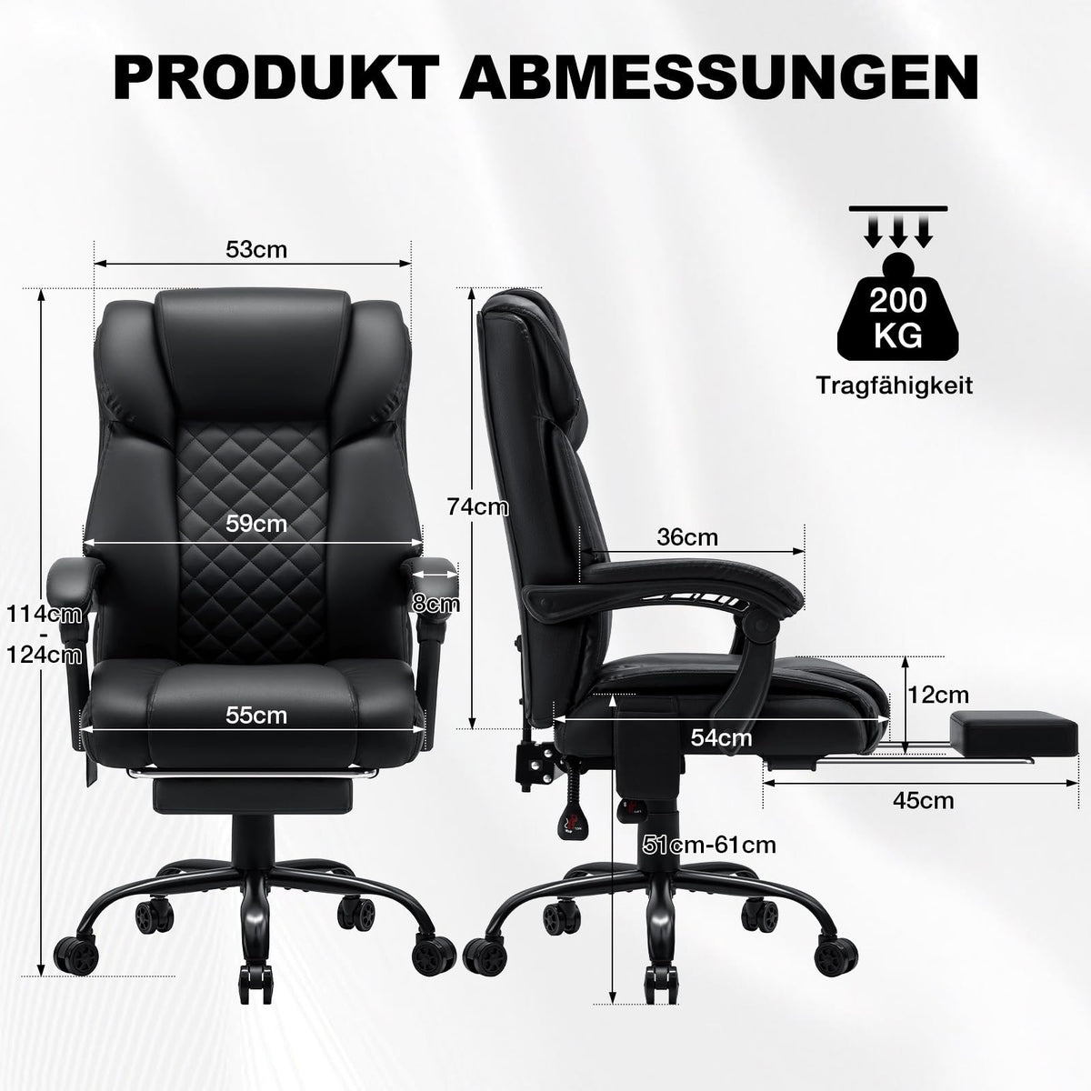 Ergonomischer Bürostuhl mit Massage- und Heizfunktion, schwarzer Chefsessel bis 200 kg mit Fußstütze und 135° neigbarer Rückenlehne
