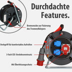 CEE-Kabeltrommel 30m H07RN-F 5G1,5 IP44 mit CEE-Stecker 400V/16A, 2 Schutzkontakt-Steckdosen 230V und Überhitzungsschutz