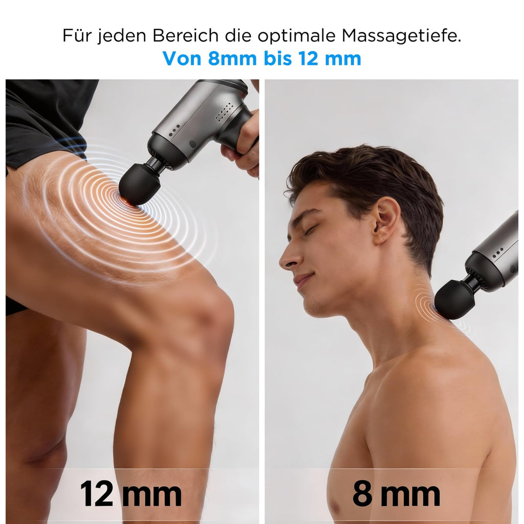 Massagepistole mit variabler Amplitude 8–12 mm und interaktiver App, 8 Aufsätzen und 4000 mAh Akku