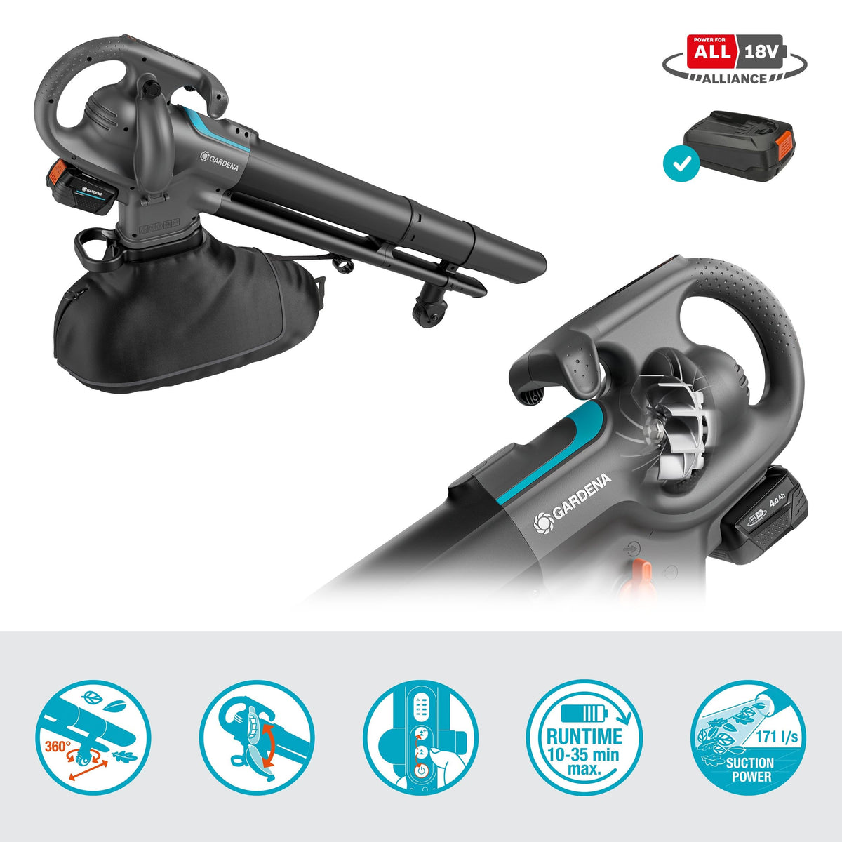 Akku-Laubsauger und -Bläser PowerJet Collect 18V P4A Ready-to-Use Set mit Akku, Ladegerät und Fangsack, kabellos