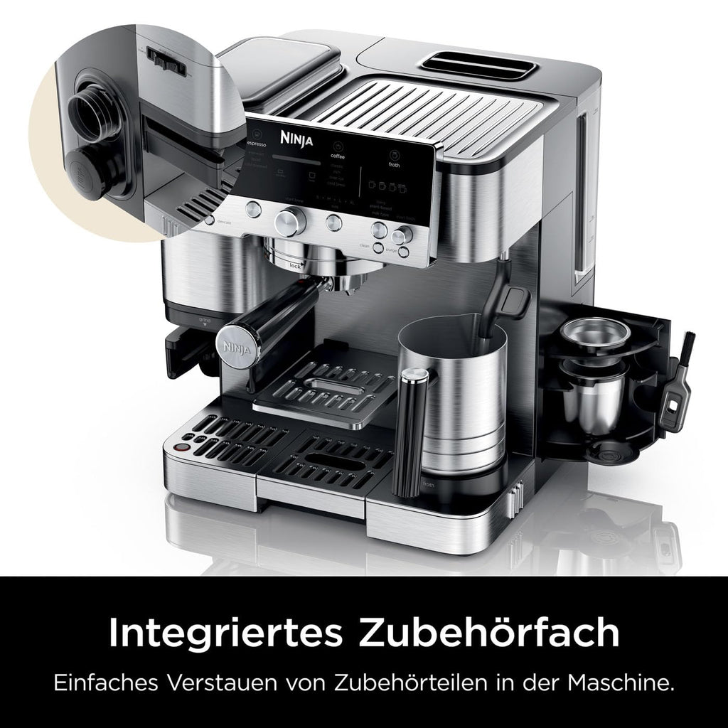 3-in-1-Kaffeemaschine mit Mahlwerk und Milchaufschäumer, Espresso-, Cold-Brew- und Filterkaffee, 1,5 L, Silber