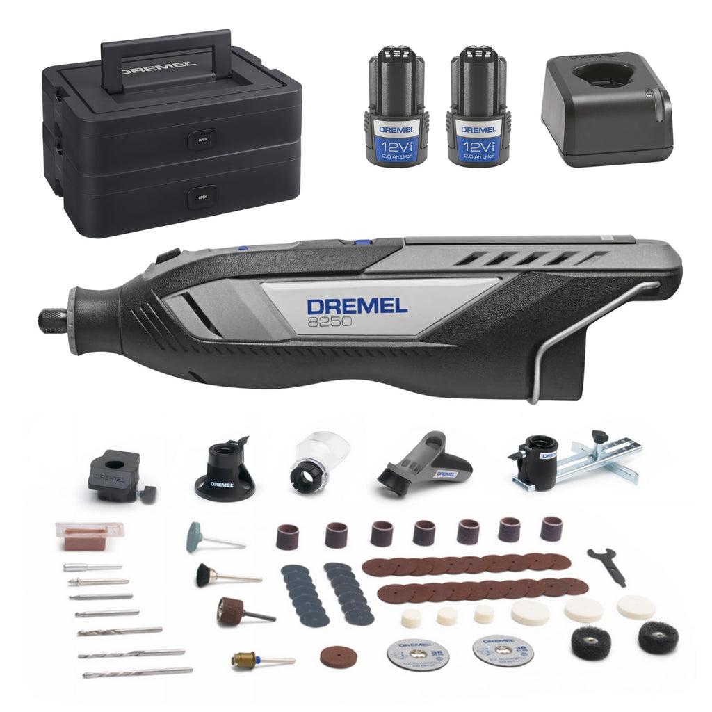 Akku-Rotationswerkzeug 8250 mit bürstenlosem Motor, 5.000-30.000 U/min, 2x 12V 2,0Ah Akku, Ladegerät, 65 Zubehör und Box