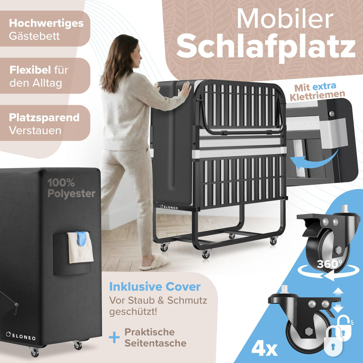 Klappbett 80x200 cm mit Memory-Schaum-Matratze, Gästebett bis 250 kg belastbar, Metallrahmen und Transportrollen inkl. Schutzhülle