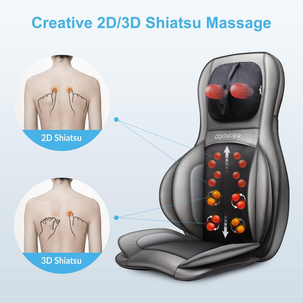 Shiatsu-Massagesitzauflage für Rücken und Nacken mit Wärme, 2D/3D-Knetmassage und Luftkompression