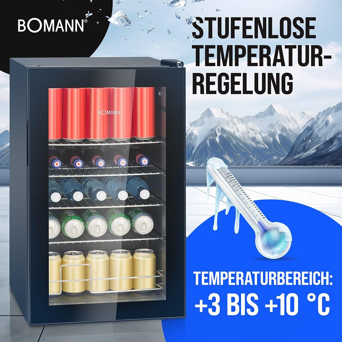Flaschenkühlschrank 63 L mit Glastür, bis zu 89 Dosen, 4 Ablagen, LED-Beleuchtung, KSG 7287