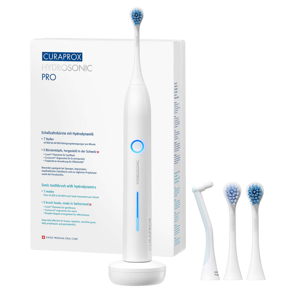 Schallzahnbürste Hydrosonic Pro in Weiß mit 7 Putzmodi, bis zu 84.000 Schallbewegungen pro Minute, Curacurve Bürstenkopf, USB-Ladung und Reiseetui
