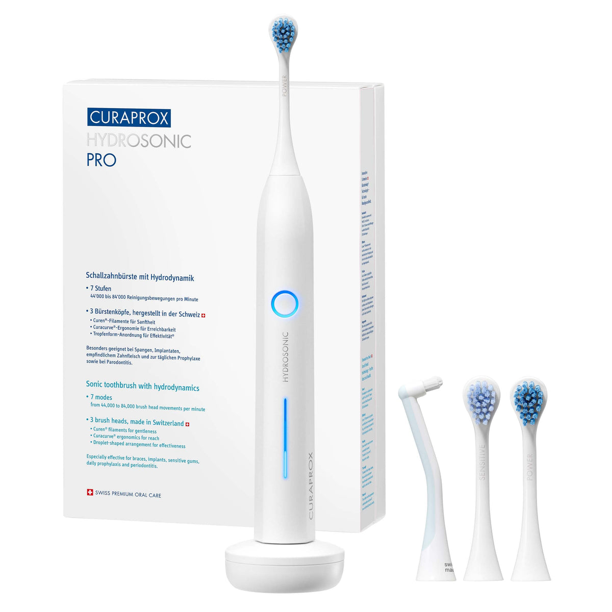 Schallzahnbürste Hydrosonic Pro in Weiß mit 7 Putzmodi, bis zu 84.000 Schallbewegungen pro Minute, Curacurve Bürstenkopf, USB-Ladung und Reiseetui
