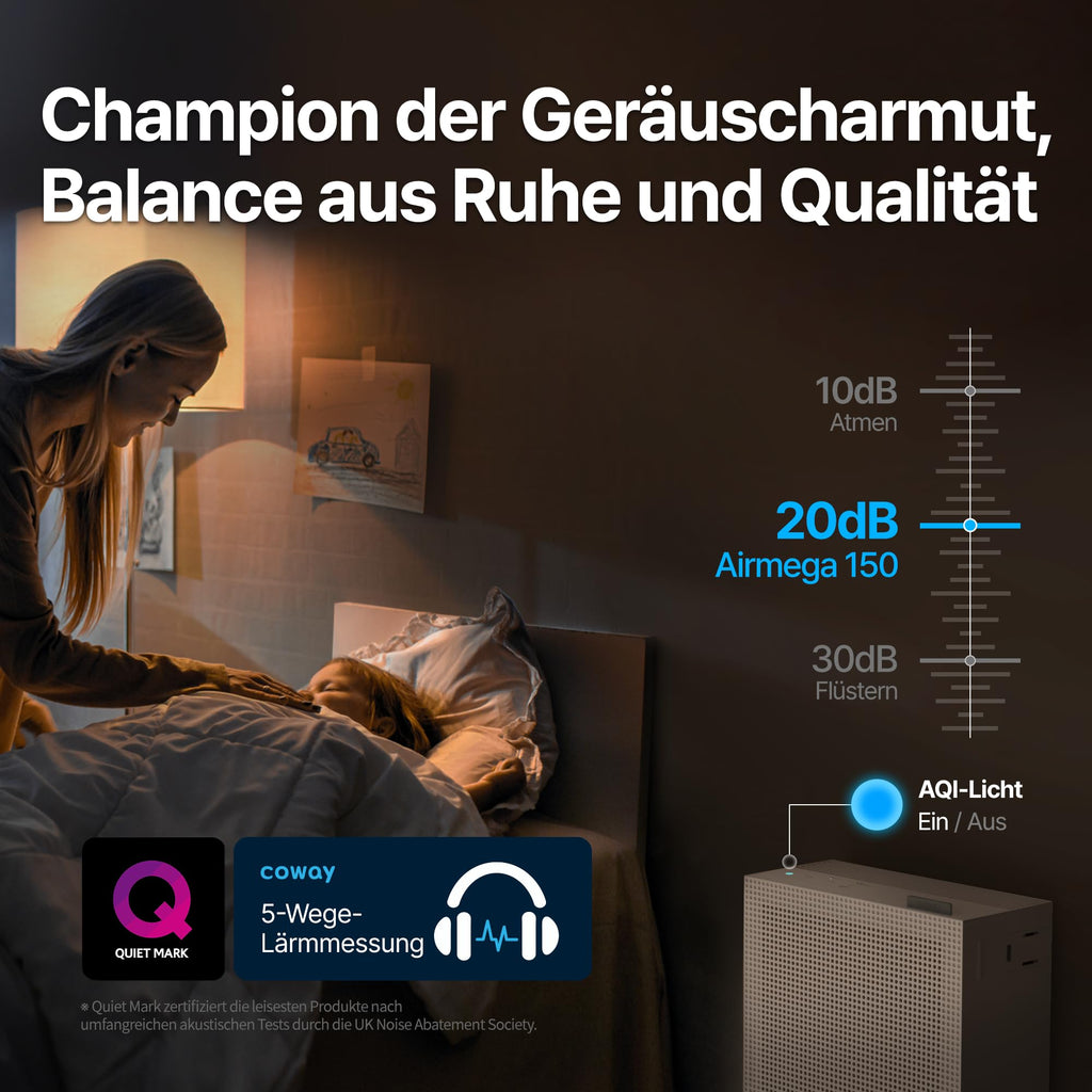 Luftreiniger für Schlafzimmer und Allergiker AIRMEGA 150 mit HEPA-Filter, 281 m³/h CADR, weiß