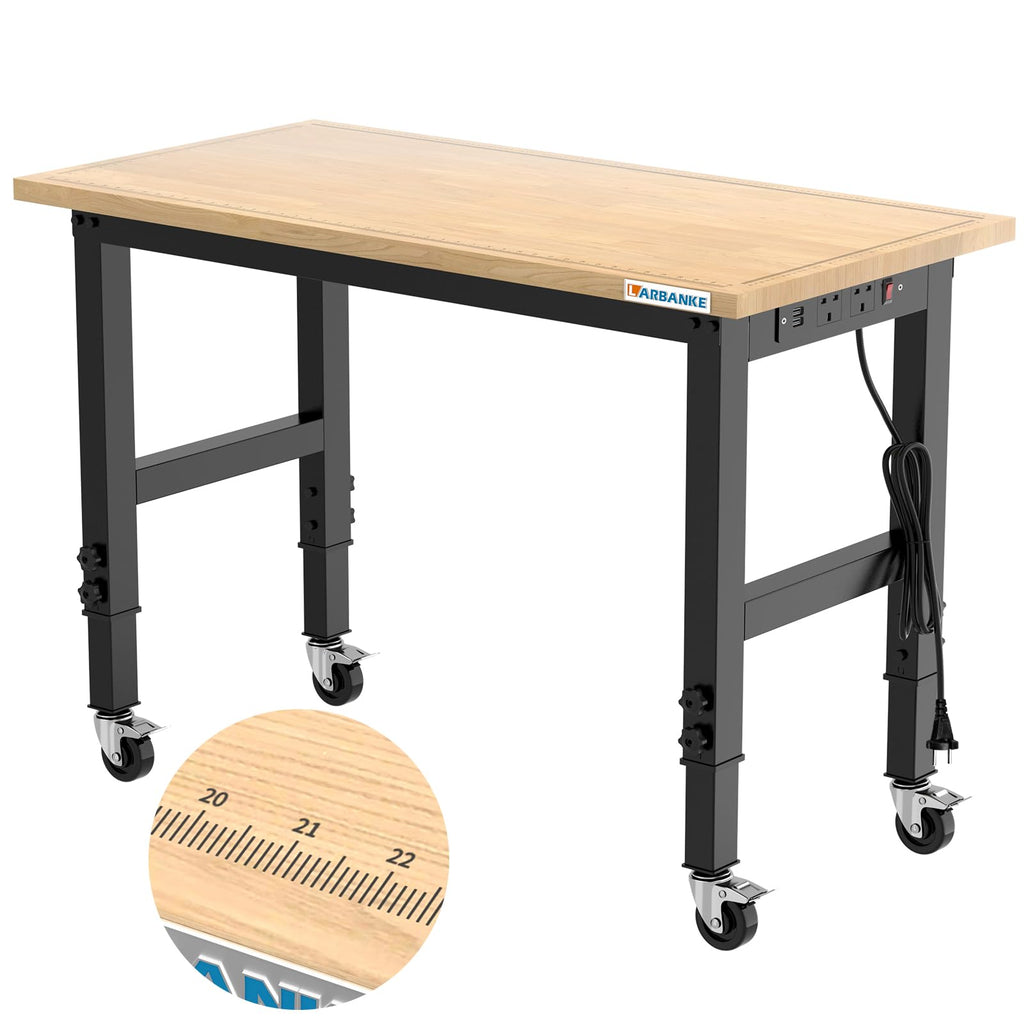 Schwerlast-Werkbank 120 cm aus Gummibaumholz, 5-fach höhenverstellbar von 85 bis 105 cm, mit Steckdosenleiste und USB