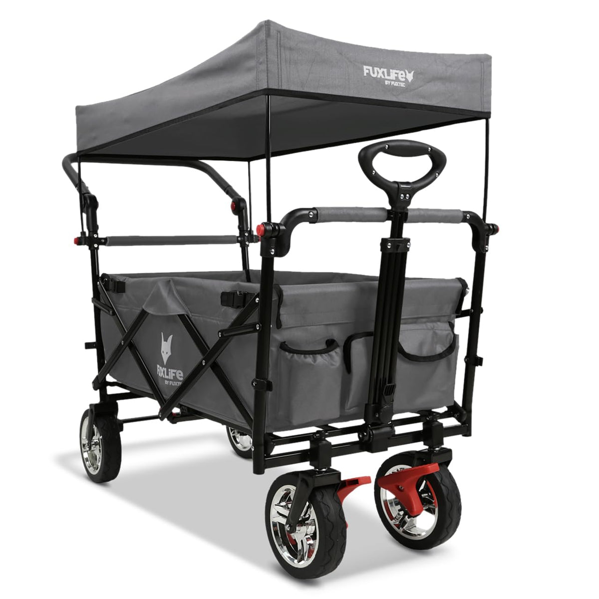 Faltbarer Bollerwagen FX-CT700 für 2 Kinder, grau, mit gepolstertem Innenraum, Sonnendach und Feststellbremsen, 75 kg Tragkraft