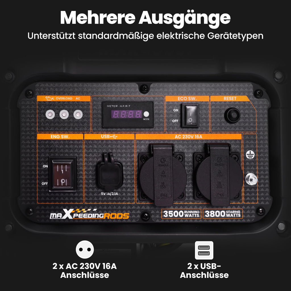 Inverter Stromgenerator 3800 W Benzin MXR4800I mit 230V- und USB-Anschlüssen, reine Sinuswelle