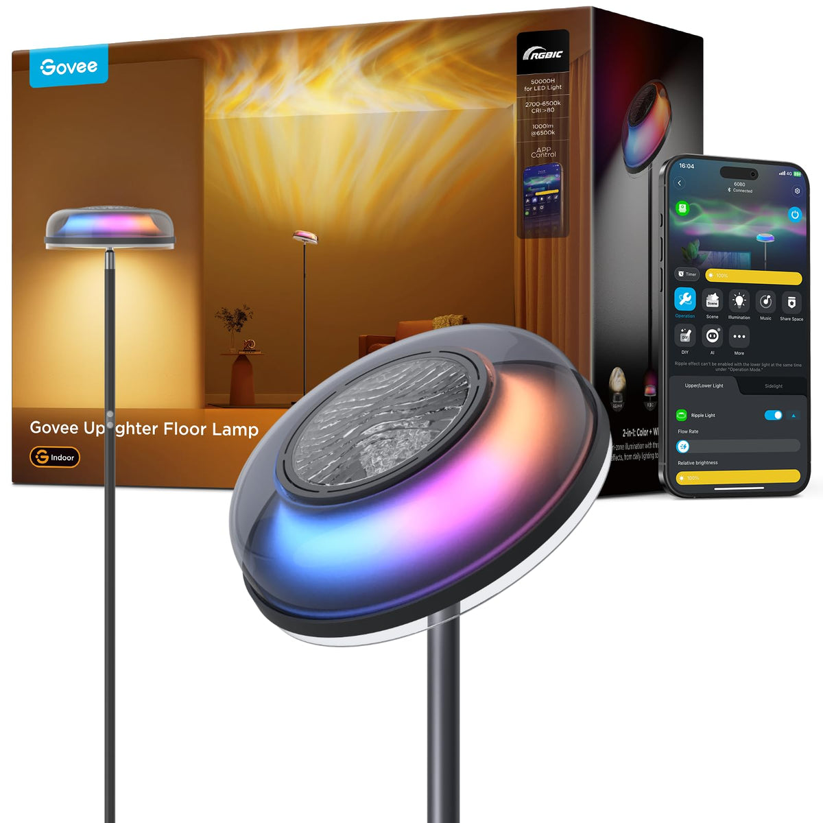 Stehlampe Deckenfluter mit RGBICWW-Wellenbeleuchtung, 330° drehbarer Lampenkopf, 1000 lm, 2700-6500 K, Alexa und Matter