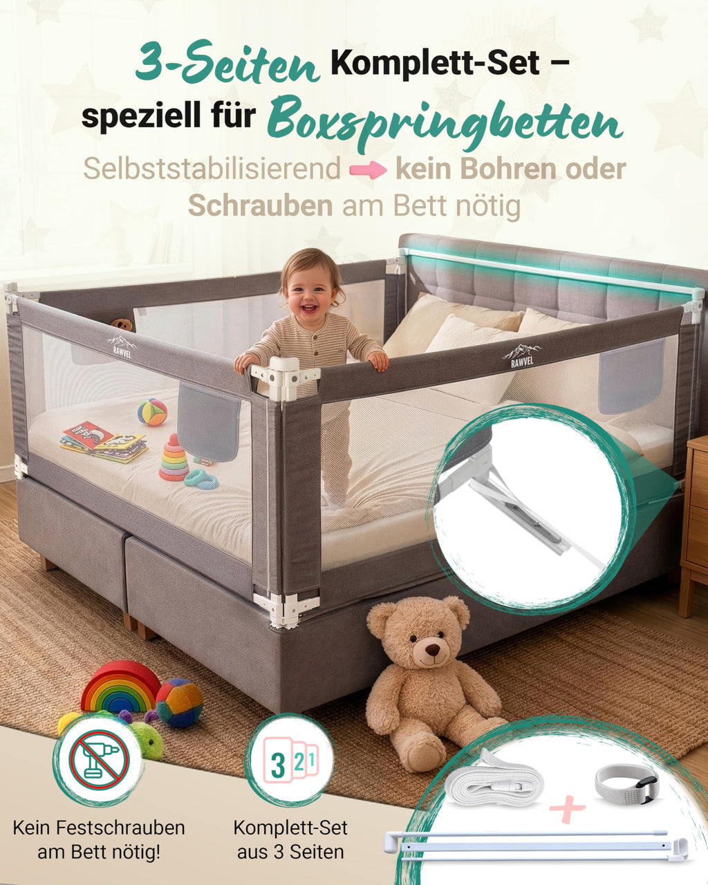 Bettgitter Rausfallschutz für Boxspringbett 180x200 cm, 3-Seiten-Komplettset mit Stange, höhenverstellbar 74-95 cm, grau