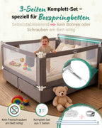 Bettgitter Rausfallschutz für Boxspringbett 180x200 cm, 3-Seiten-Komplettset mit Stange, höhenverstellbar 74-95 cm, grau