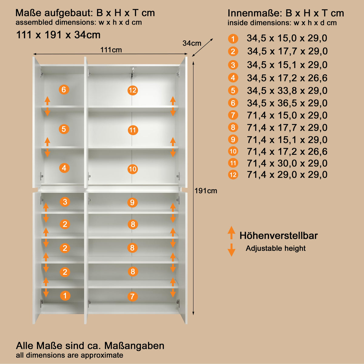 Mehrzweckschrank Nevada mit 6 Türen, 12 Einlegeböden und Kleiderstange, weiß, 111 x 191 x 34 cm