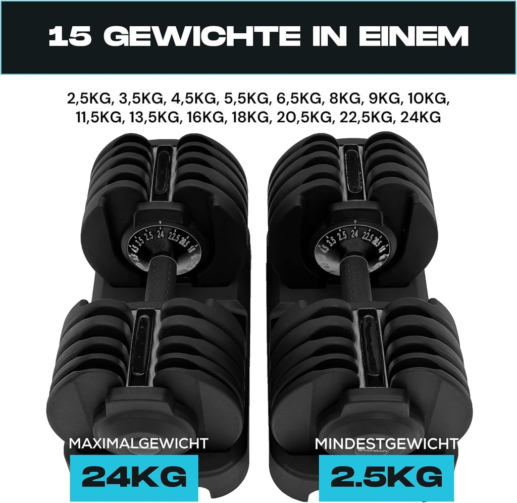 Verstellbare Hanteln 24 kg, 2er-Set, 15-in-1, stufenlos verstellbar von 2,5 bis 24 kg, platzsparend