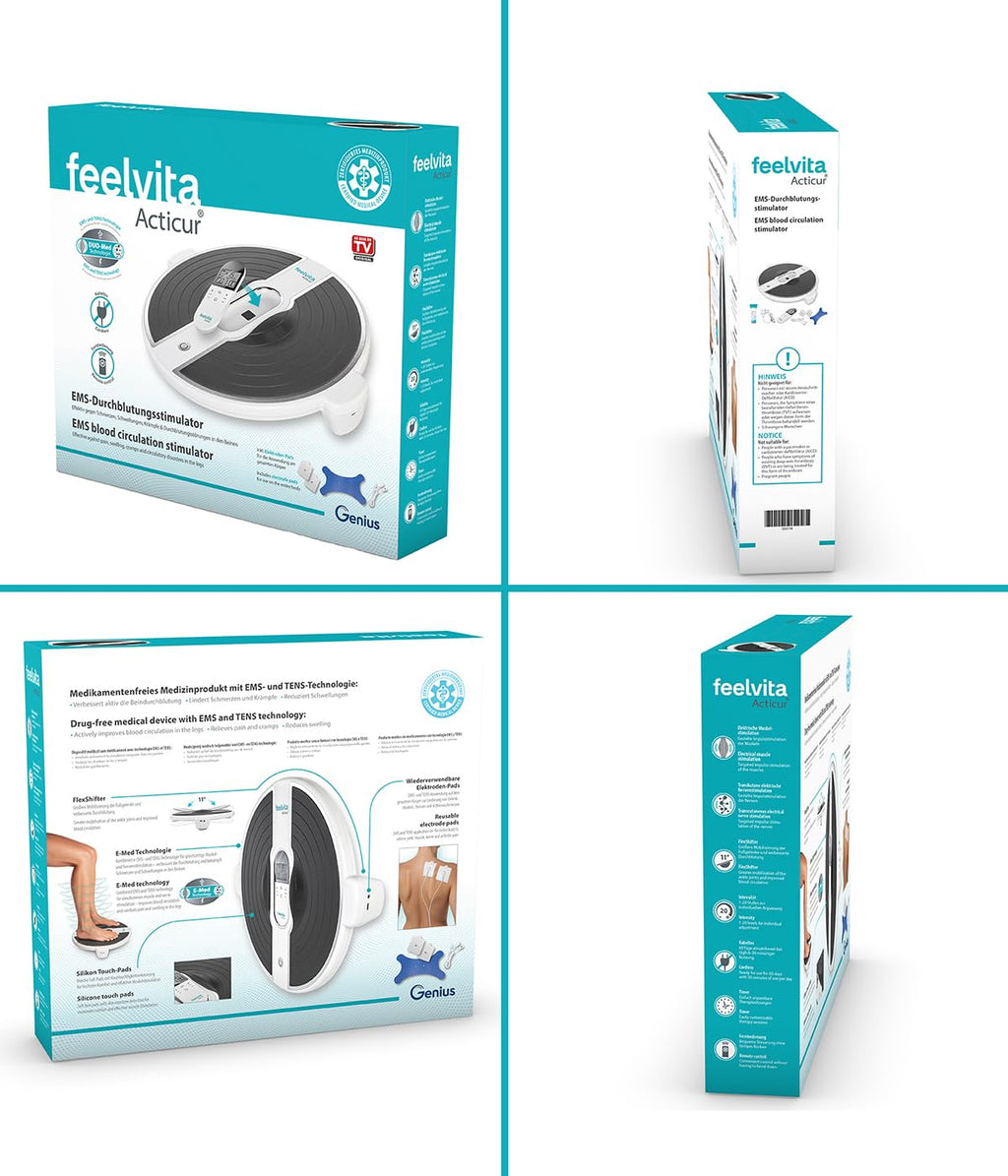 Durchblutungs-Stimulator für Beine und Füße, EMS- und TENS-Gerät mit DuoMeD-Technologie, 9 Massageprogrammen, 20 Intensitätsstufen und 2