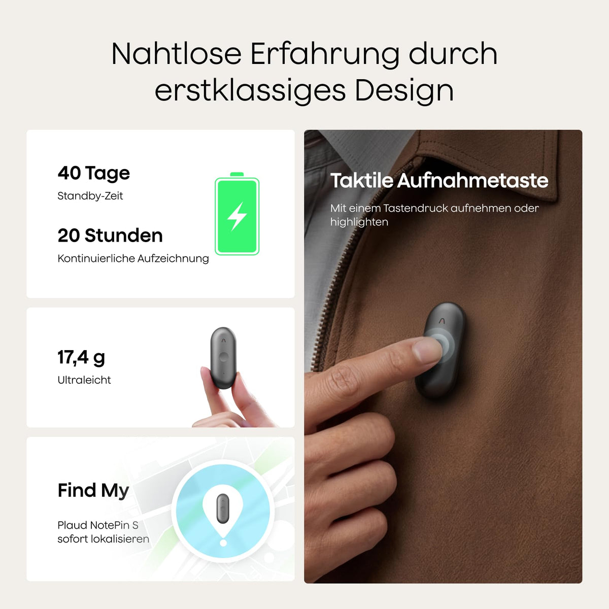 KI-Diktiergerät NotePin S 64 GB 20 Std. Aufnahme KI-Transkription 112 Sprachen 4 Tragevarianten mit USB-C-Ladestation