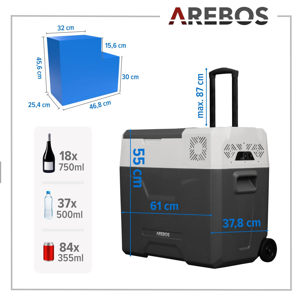 Kompressor-Kühlbox 47 Liter mit Rollen Teleskopstange App-Steuerung LCD-Touchscreen 12/24 V und 230 V Kühl- und Warmfunktion