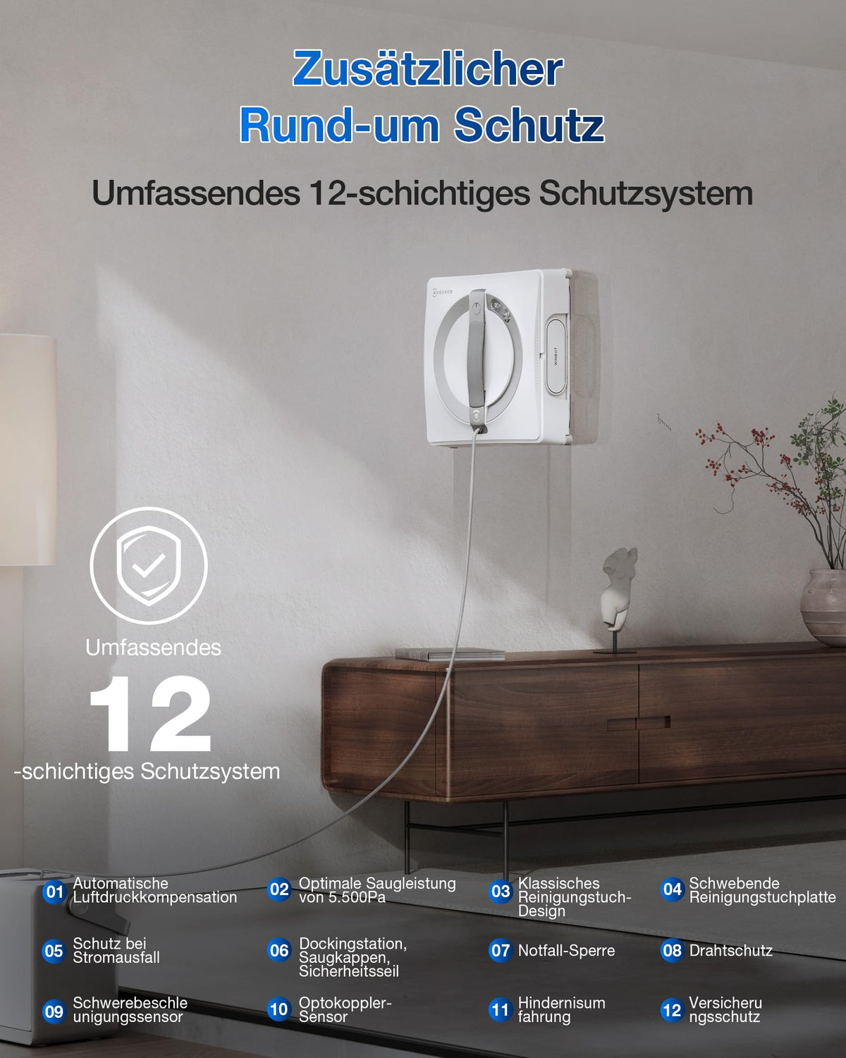 Fensterputzroboter WINBOT W2 PRO Omni mit 6-in-1 Multifunktionsstation und 12-stufigem Schutzsystem, weiß
