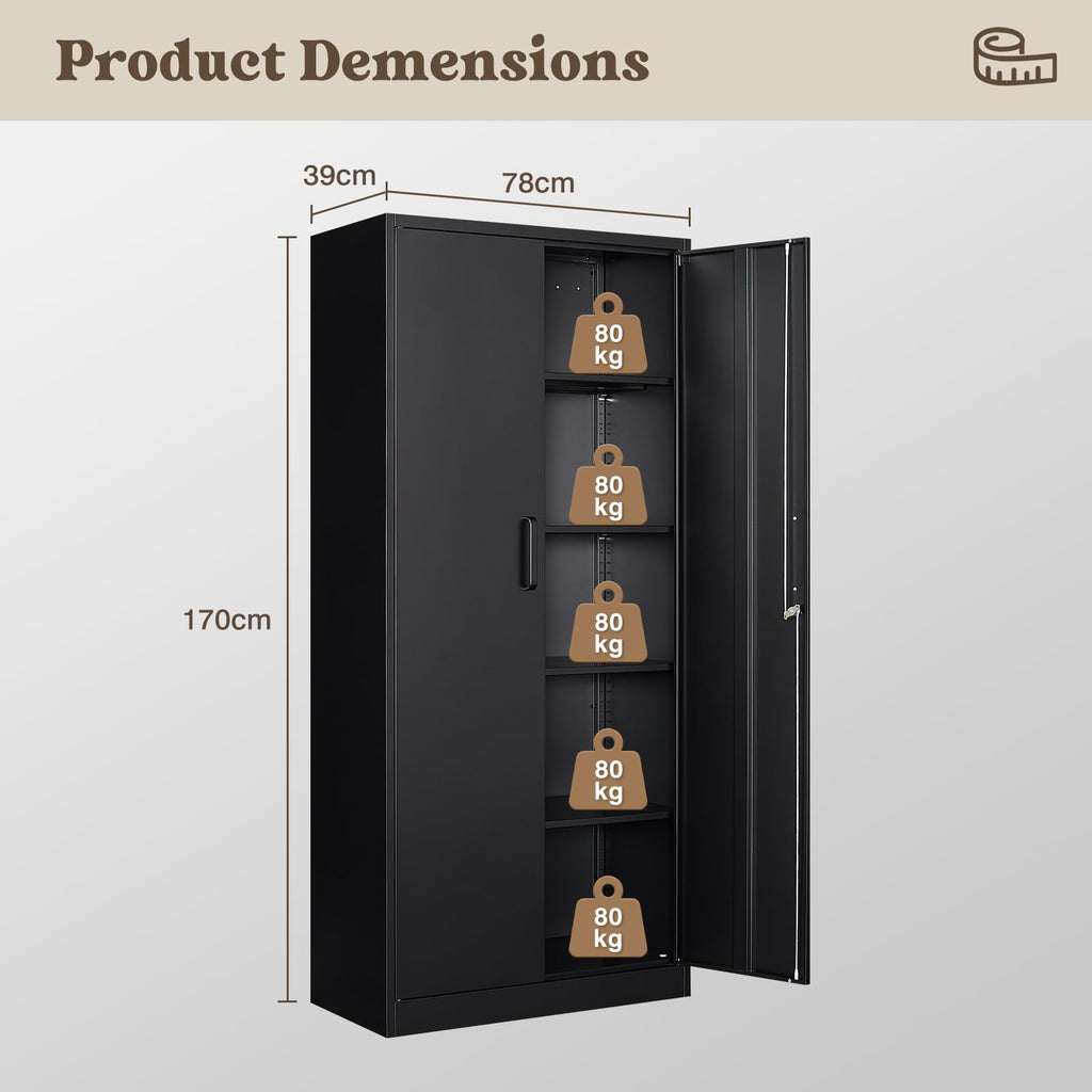 Aktenschrank abschließbar mit 2 Türen und 4 verstellbaren Einlegeböden, Stahlschrank 170x78x39 cm in Schwarz