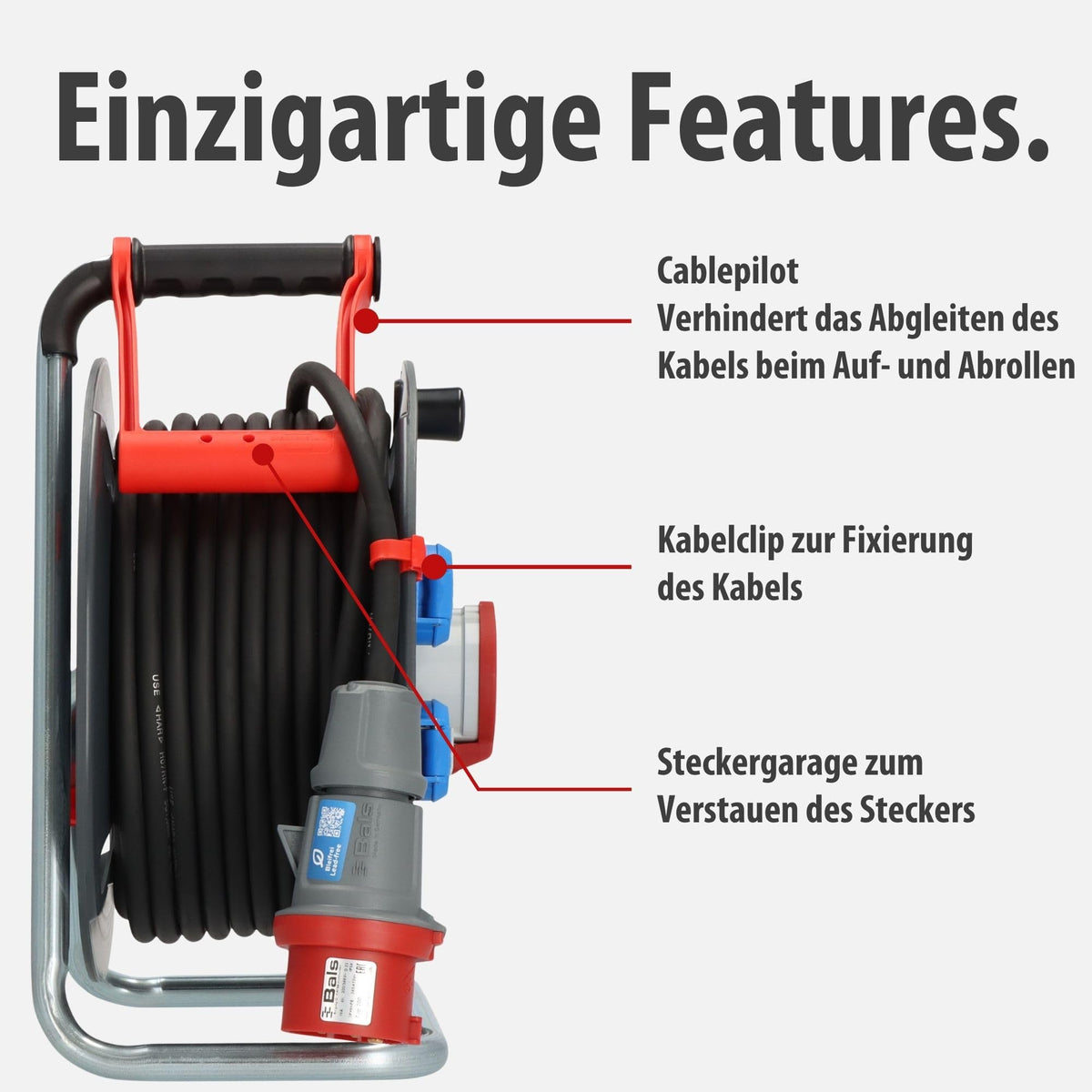 CEE-Kabeltrommel 30m H07RN-F 5G1,5 IP44 mit CEE-Stecker 400V/16A, 2 Schutzkontakt-Steckdosen 230V und Überhitzungsschutz