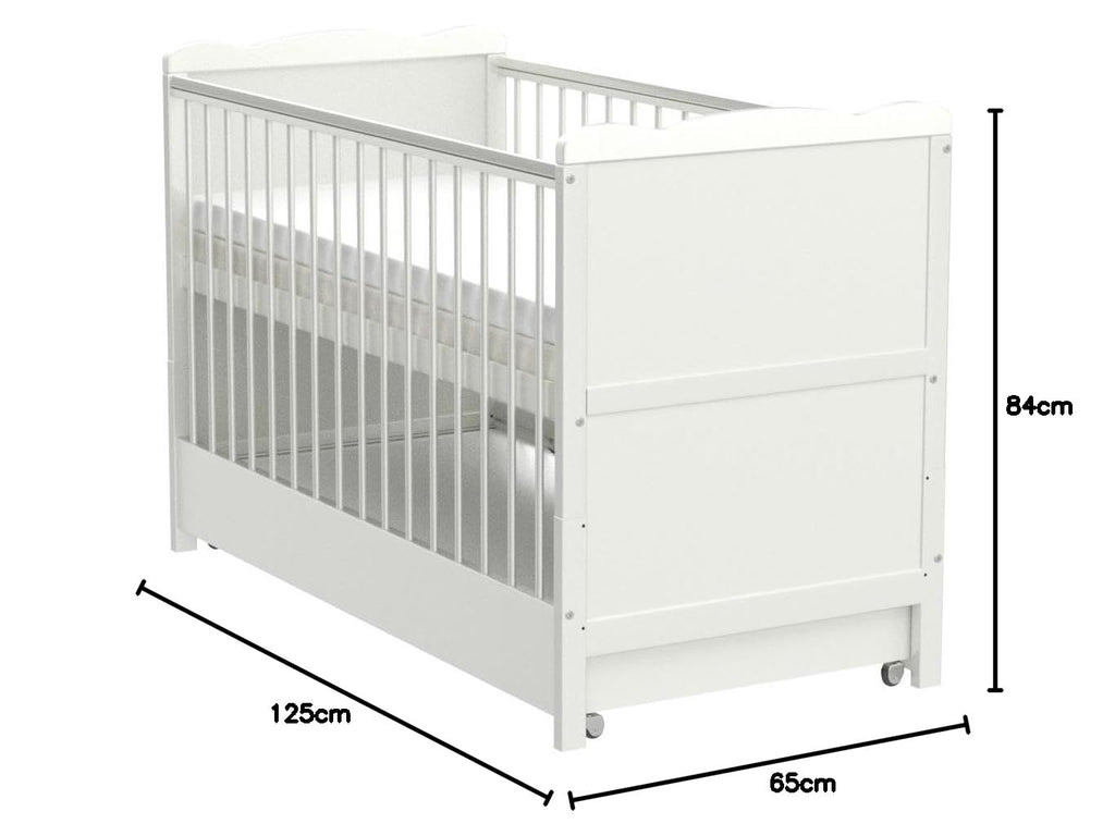 Babybett mit Schublade und Aloe-Vera-Schaumstoffmatratze, höhenverstellbar und umbaubar zum Juniorbett, in Weiß