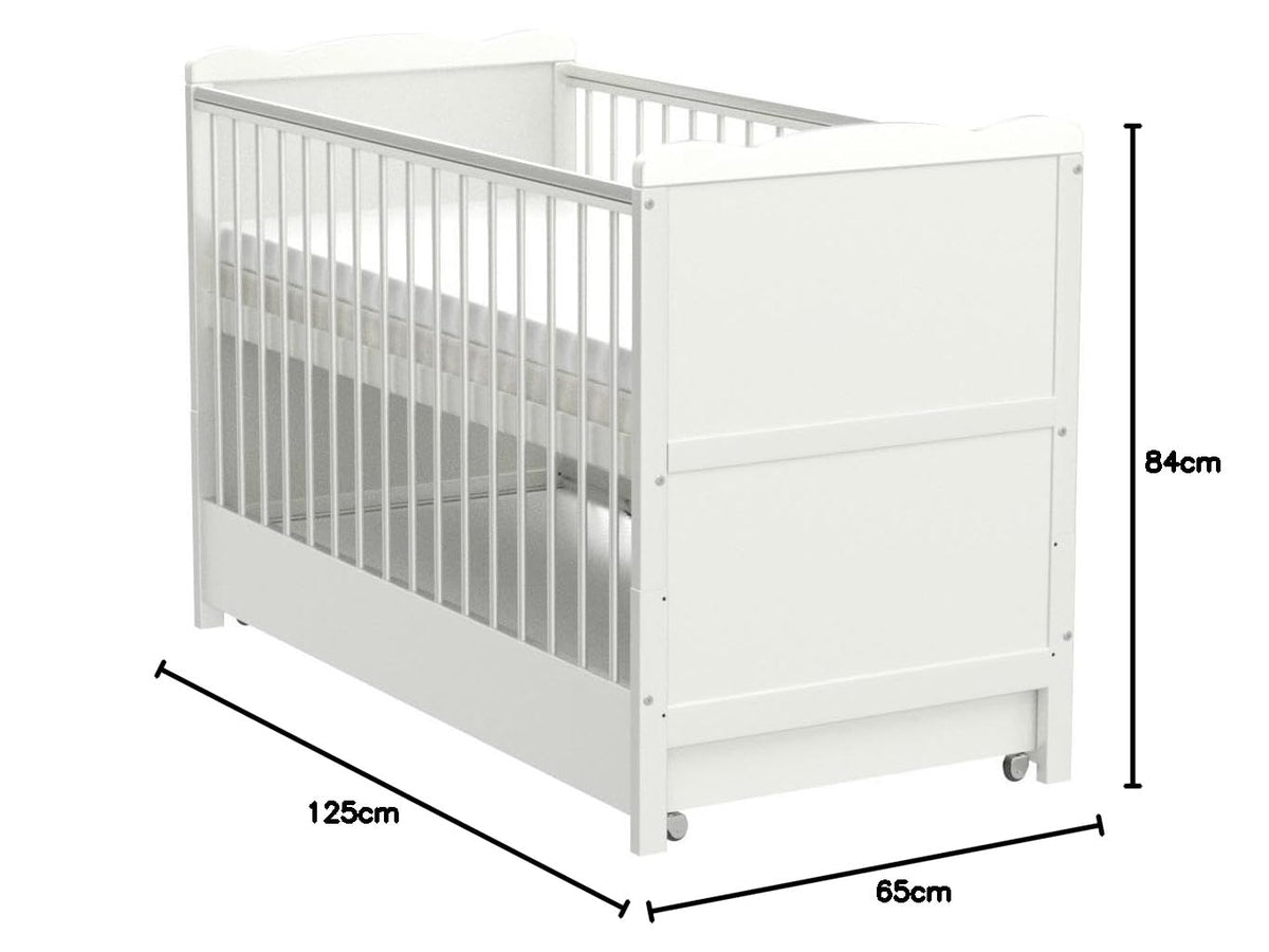 Babybett mit Schublade und Aloe-Vera-Schaumstoffmatratze, höhenverstellbar und umbaubar zum Juniorbett, in Weiß