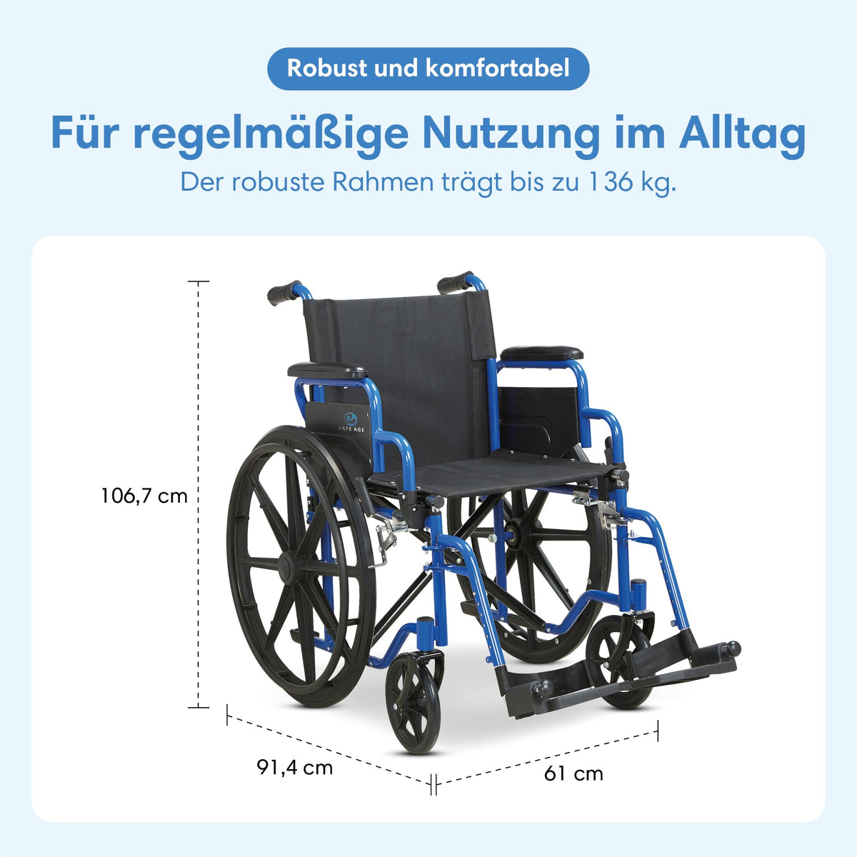 Faltbarer Rollstuhl, leicht mit 18,6 kg und 32 cm Faltbreite, Sitzbreite 46 cm, bis 136 kg, pannensichere PU-Reifen
