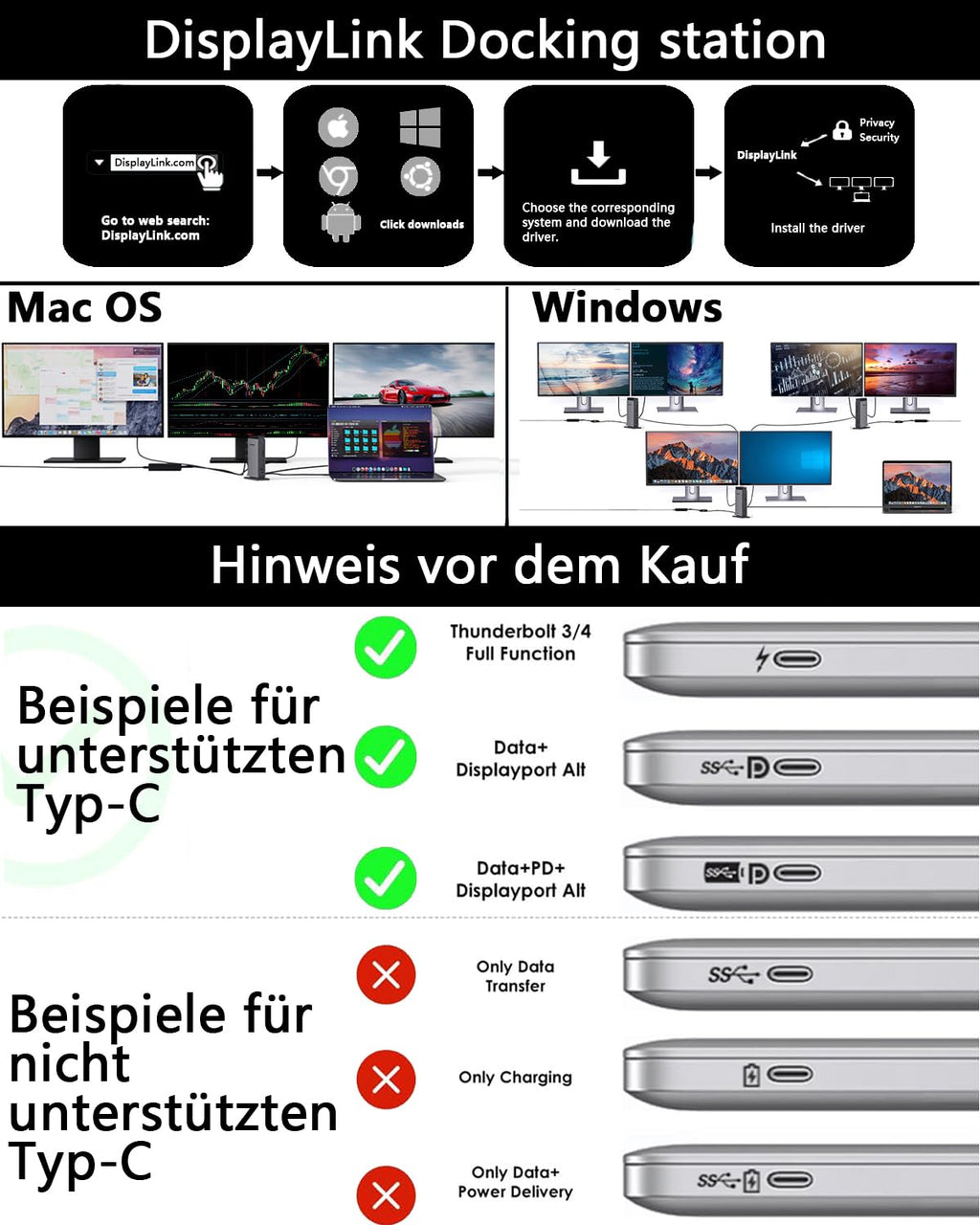 Dockingstation mit DisplayLink für Dreifach-Display, 3x HDMI und 2x DisplayPort, 4K bei 60 Hz