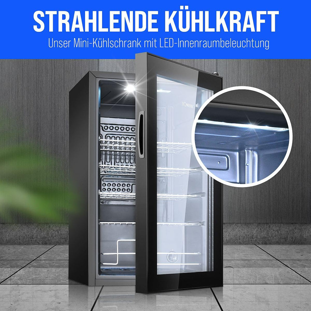 Flaschenkühlschrank 63 L mit Glastür, bis zu 89 Dosen, 4 Ablagen, LED-Beleuchtung, KSG 7287