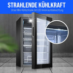 Flaschenkühlschrank 63 L mit Glastür, bis zu 89 Dosen, 4 Ablagen, LED-Beleuchtung, KSG 7287