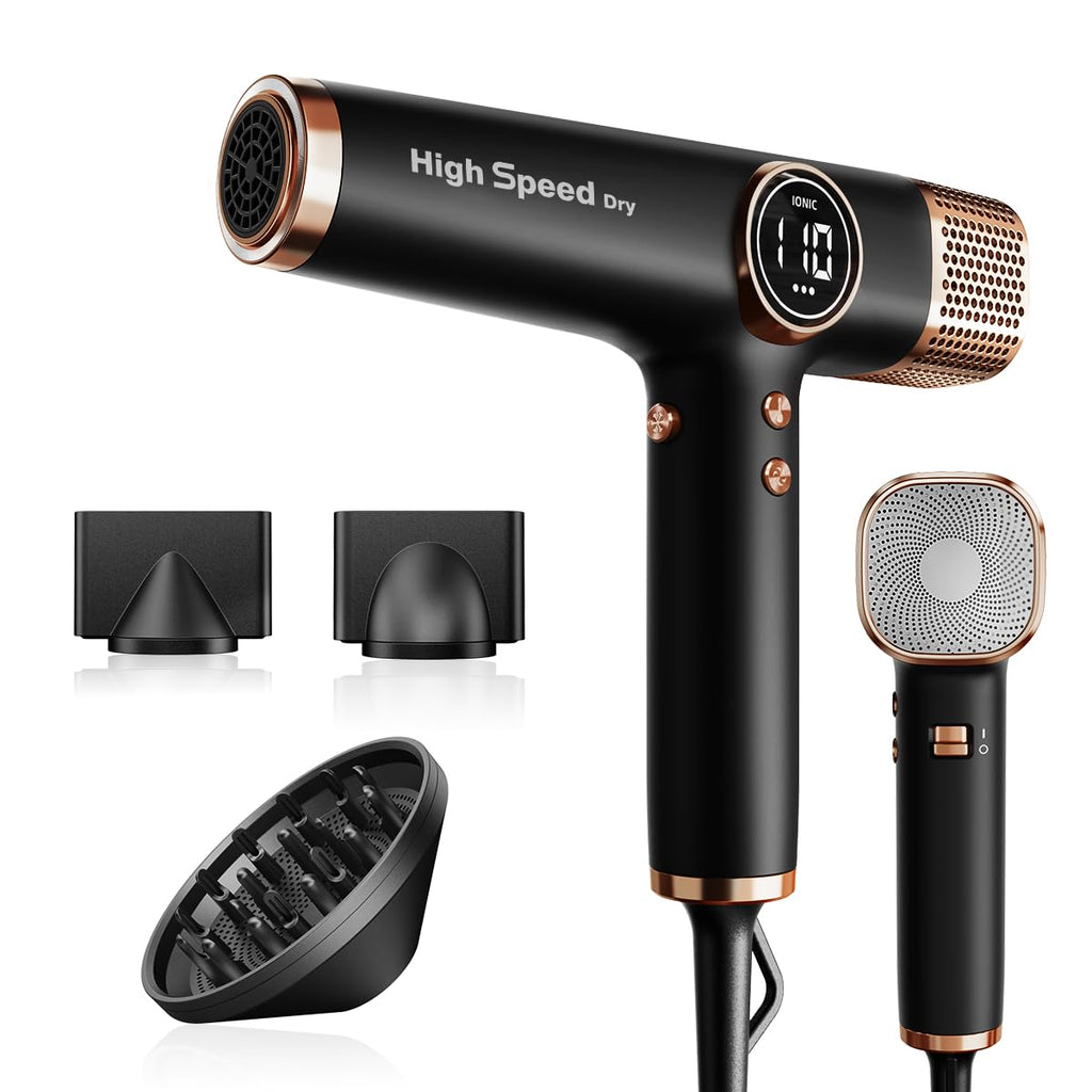Haartrockner mit bürstenlosem 110.000-RPM-Motor, 1800 W, 330 g, Ionentechnologie, 12 Modi, LED-Display und 3 magnetischen Düsen in Schwarz-Gold