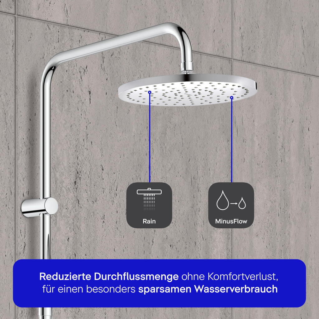 Duschsystem mit Regendusche Ø 25 cm und Umsteller, Duschset ohne Armatur mit Handbrause, Schlauch und 3 Strahlarten in Chrom