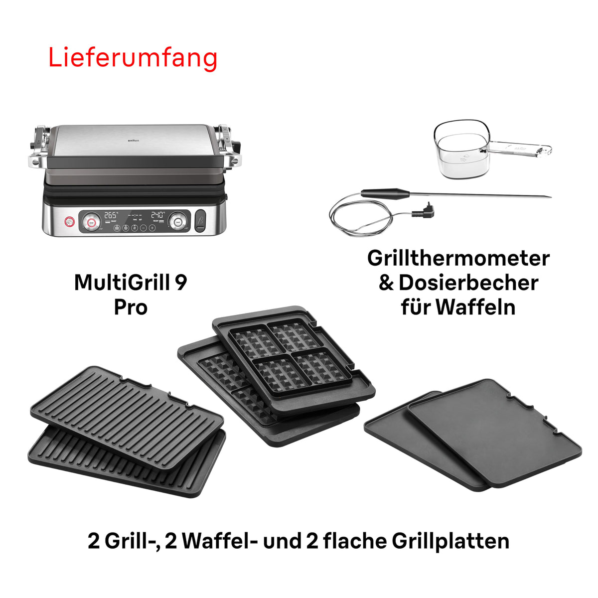 Kontaktgrill MultiGrill 9 Pro CG 9167 mit Grill-, Flach- und Waffelplatten, Temperaturfühler, 3 Grillpositionen und Boost-Funktion bis 265 °C