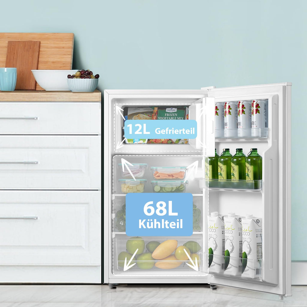 80L Kühlschrank mit Gefrierfach, EEK D, 39 dB, Inverter-Kompressor, freistehend, weiß