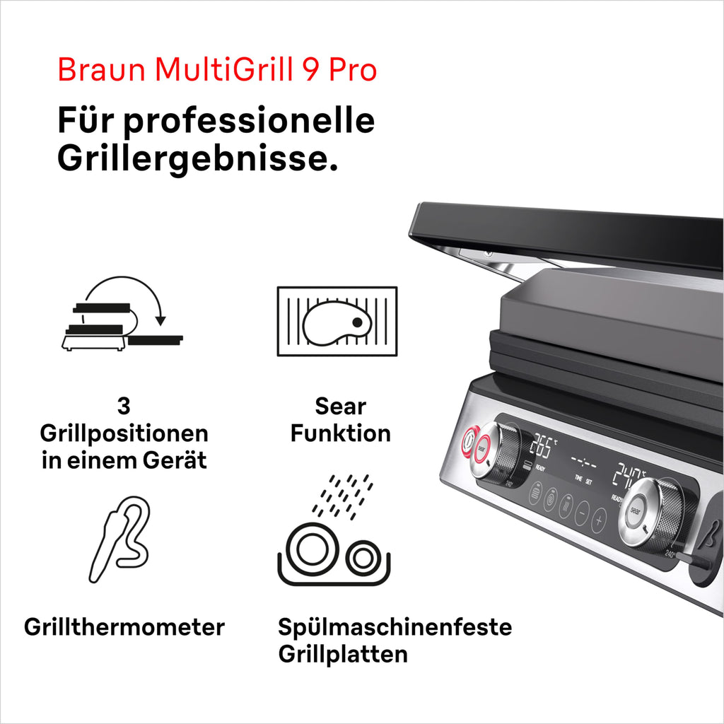 Kontaktgrill MultiGrill 9 Pro CG 9167 mit Grill-, Flach- und Waffelplatten, Temperaturfühler, 3 Grillpositionen und Boost-Funktion bis 265 °C