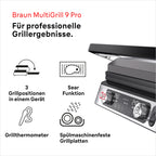 Kontaktgrill MultiGrill 9 Pro CG 9167 mit Grill-, Flach- und Waffelplatten, Temperaturfühler, 3 Grillpositionen und Boost-Funktion bis 265 °C