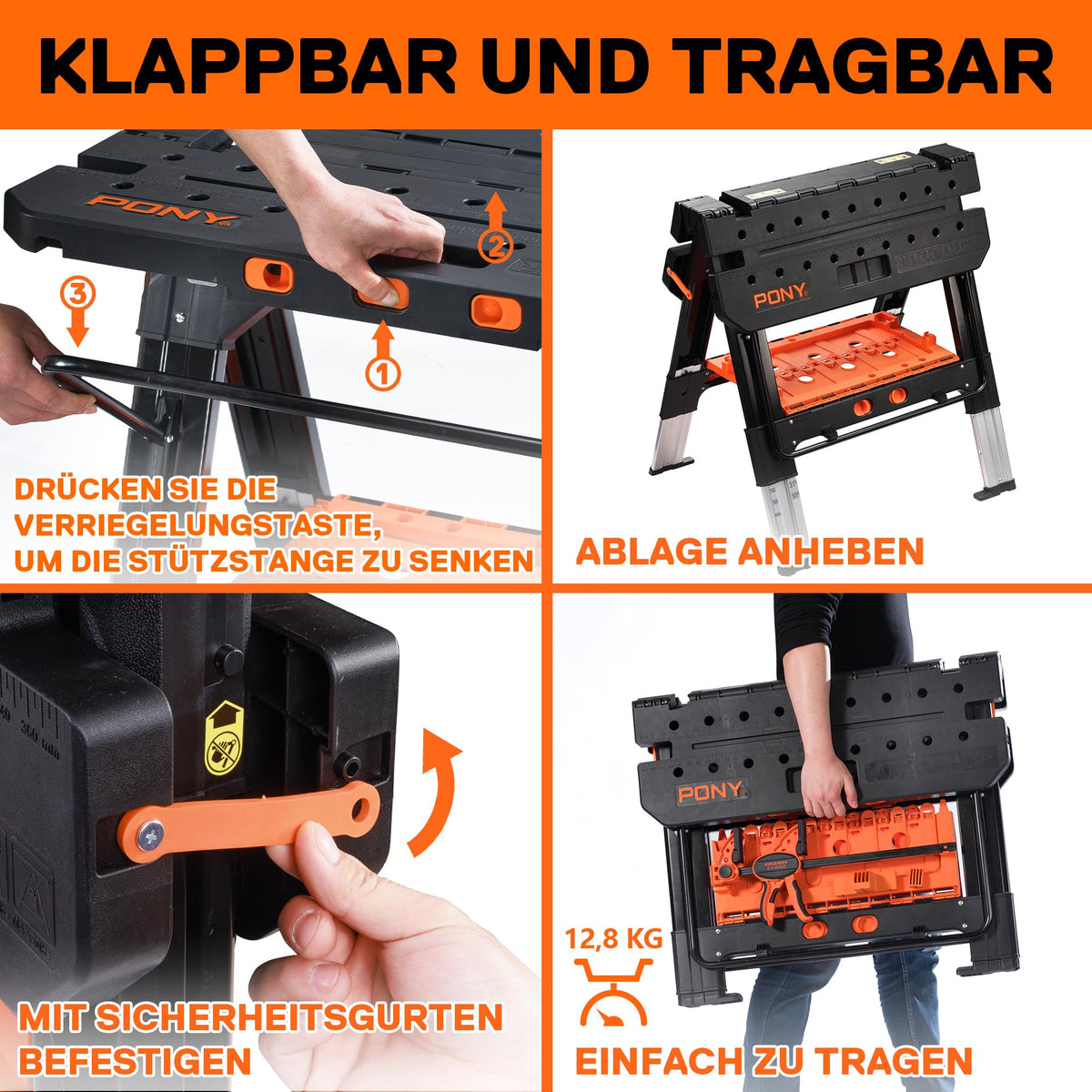 Klappbare 2-in-1 Werkbank und Sägebock 454 kg Belastbarkeit mit 4 Schraubzwingen 6-fach höhenverstellbar
