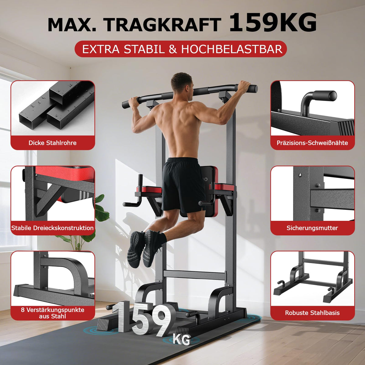 Power Tower Dip-Station mit Klimmzugstange, freistehend, 7-fach höhenverstellbar, bis 200 kg, inkl. Widerstandsband