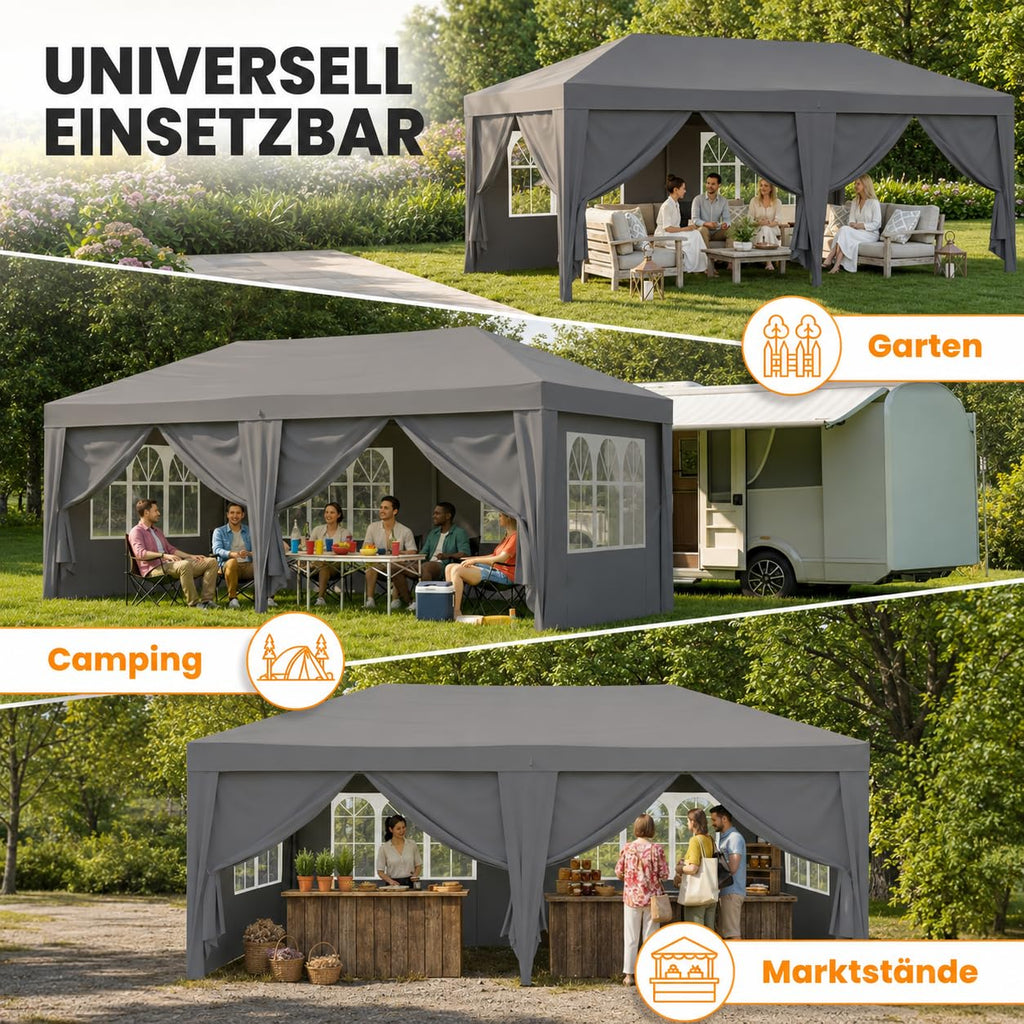 Faltpavillon 3x6 m wasserdicht mit Seitenwänden, OneTouch Aufbau, UV 50+ Schutz, Stahlgestell, Rolltasche, Spannseile und Erdanker, grau