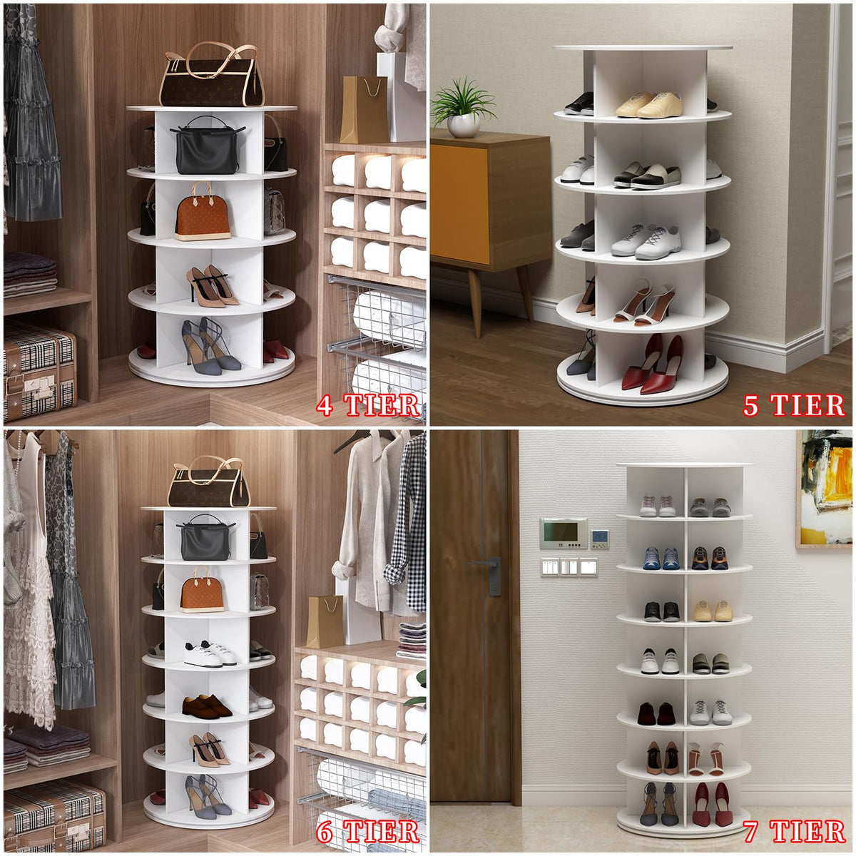 Drehbares Schuhregal 7 Etagen 360 Grad rund 28 Fächer aus PVC für Schuhe Taschen und Accessoires platzsparend Weiß