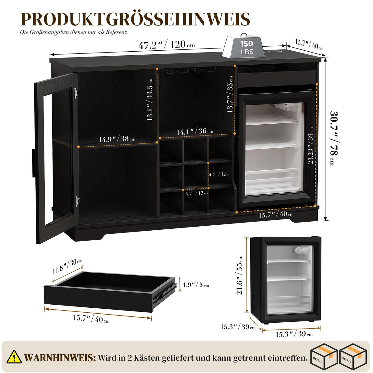 Barschrank mit Kühlschrank in Schwarz, 120 cm breit mit 9 Weinregalen, LED-Beleuchtung und Bewegungssensor